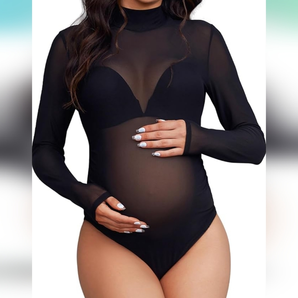 Chic Black Sheer Maternity Bodysuit